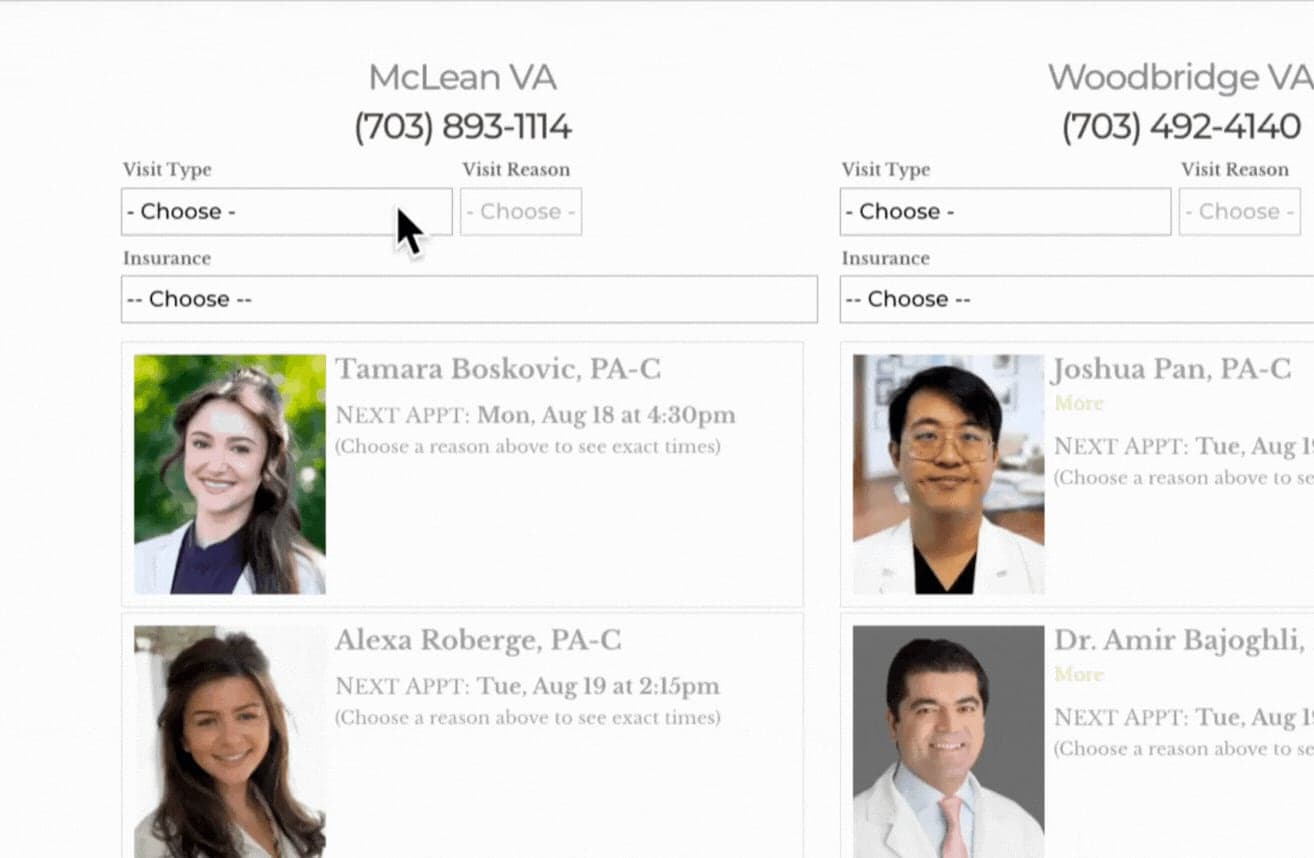 Online dermatology appointment scheduling options for the McLean and Woodbridge offices