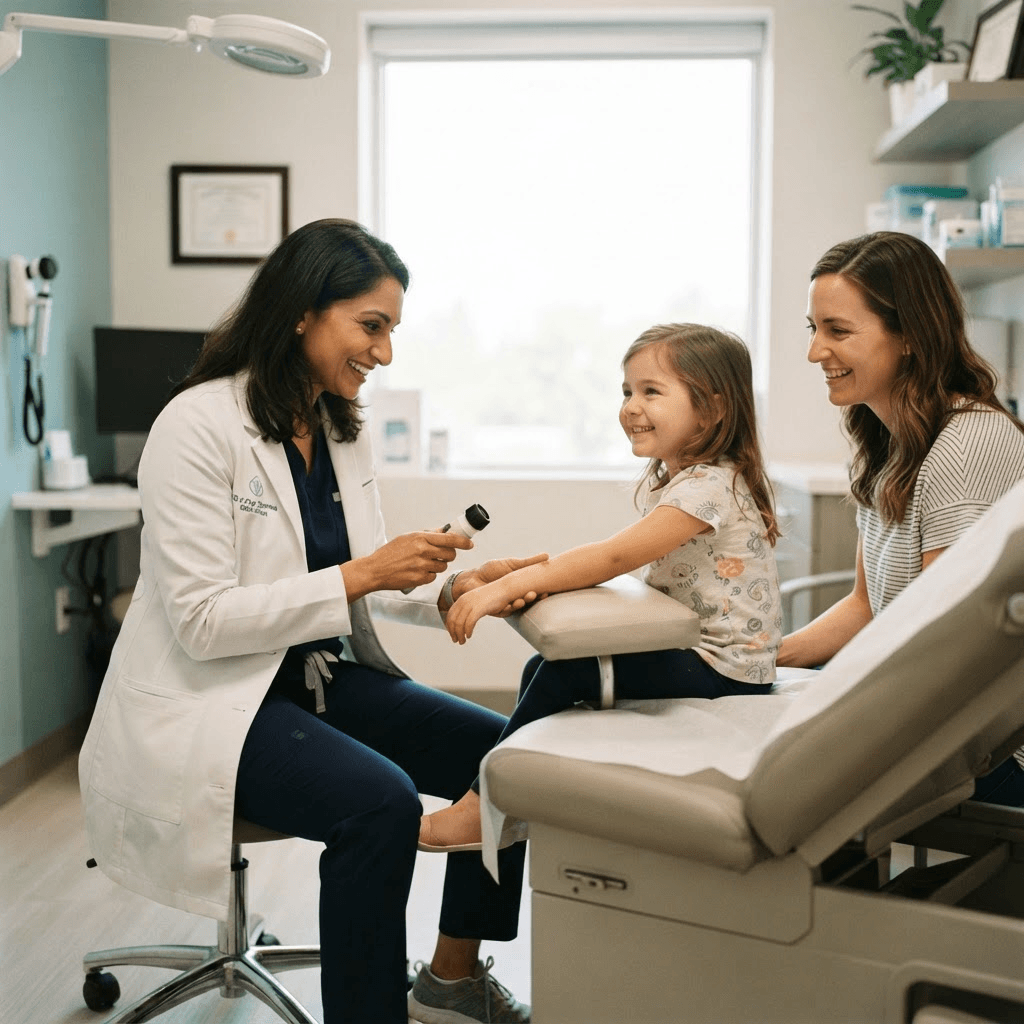 Dermatologist gently examining a smiling young child's skin with a parent nearby
